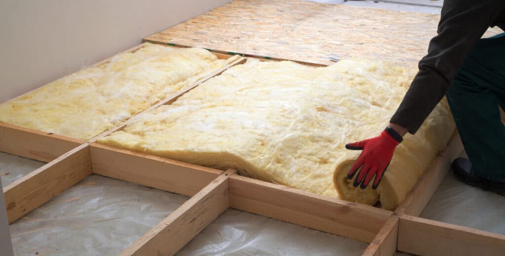 Work composed of mineral wool insulation in the floor, floor hea