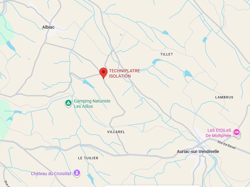 Localisation TECHNIPLATRE ISOLATION près d'Albiac Carte localisant TECHNIPLATRE ISOLATION près d'Albiac, Tillet, et Camping Naturiste Les Aillos, avec Villarel et Auriac-sur-Vendinelle.